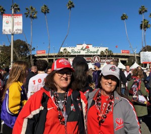 Sisters B.J. Smith and Jan Soboslai celebrate the Rose Bowl victory January 2019.
